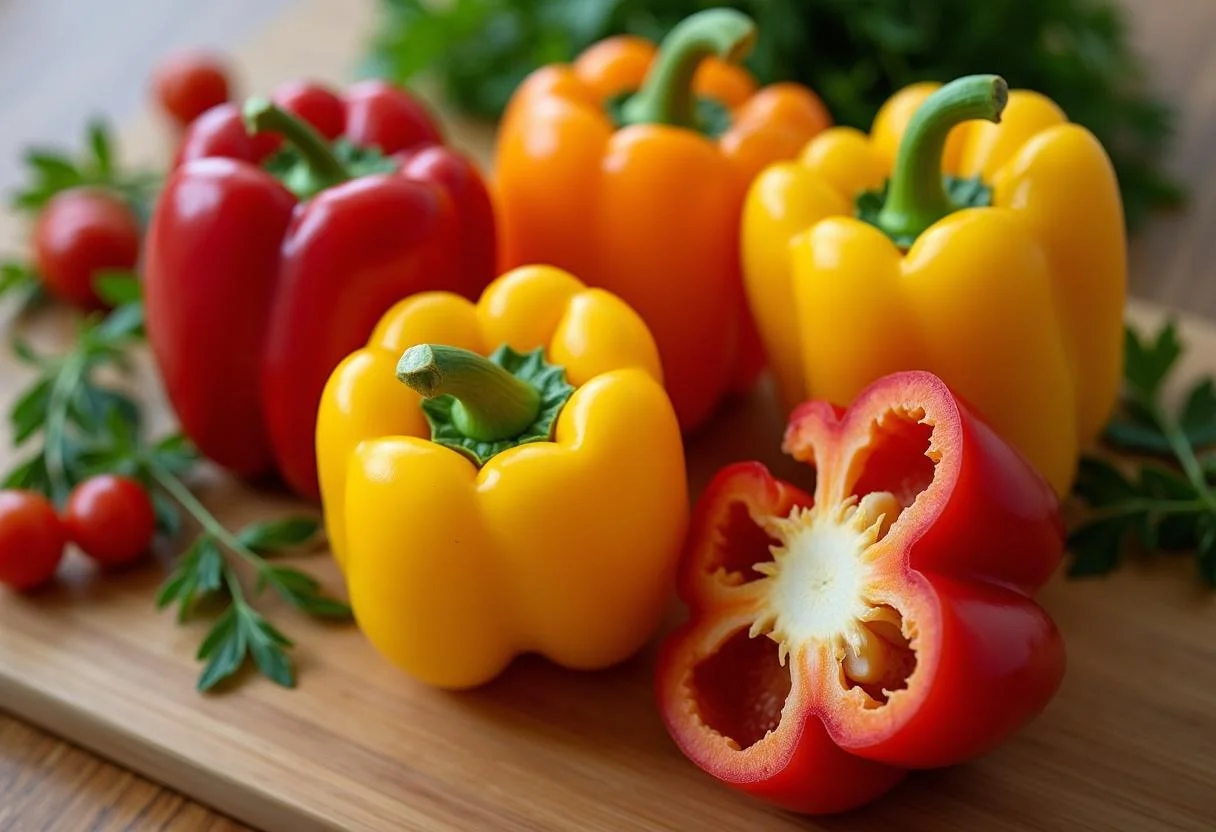 Gefüllte Paprika mit Hackfleisch und Reis Zutaten auf einem Holzbrett vorbereitet.