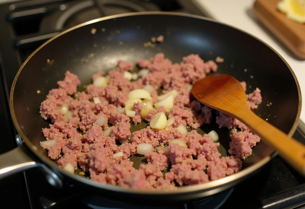 Hackfleisch und Zwiebeln in einer Pfanne braten für gefüllte Paprika.