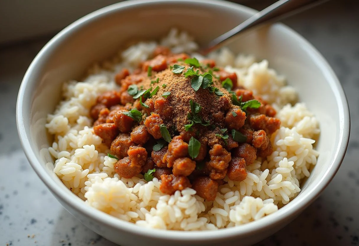 Gekochter Reis wird mit Hackfleisch und Gewürzen für gefüllte Paprika vermischt.