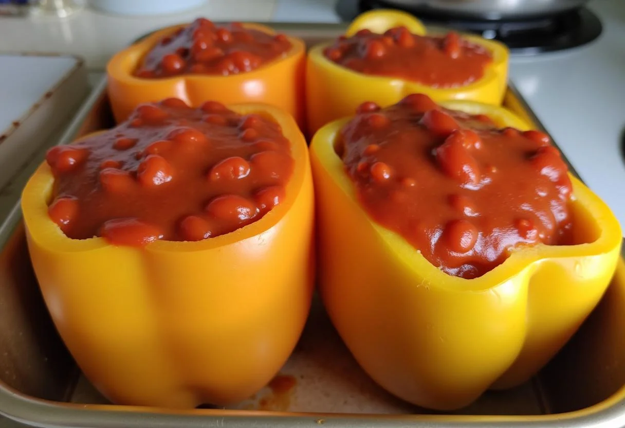 Gefüllte Paprika mit Hackfleisch und Tomatensoße in einer Auflaufform.