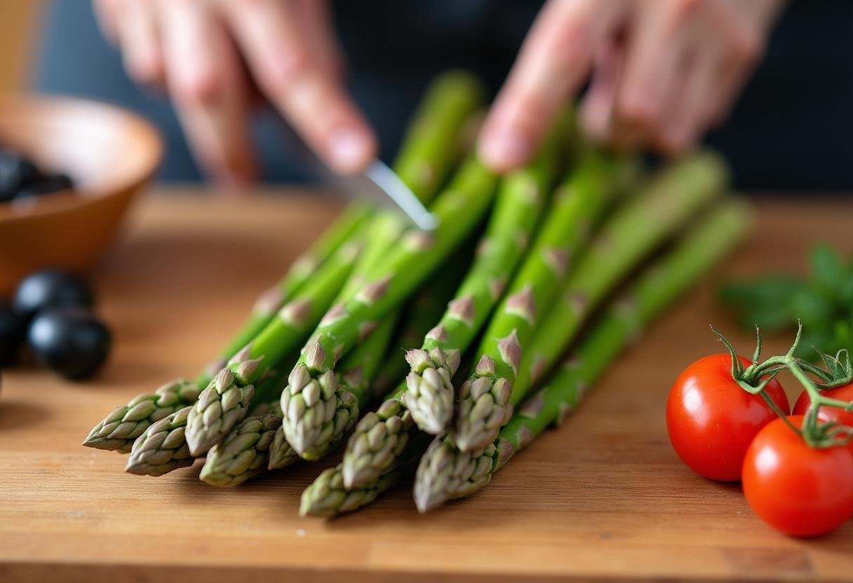 Frischer Spargel wird auf einem Holzschneidebrett für den gegrillten Spargel auf leichtem Salat vorbereitet.