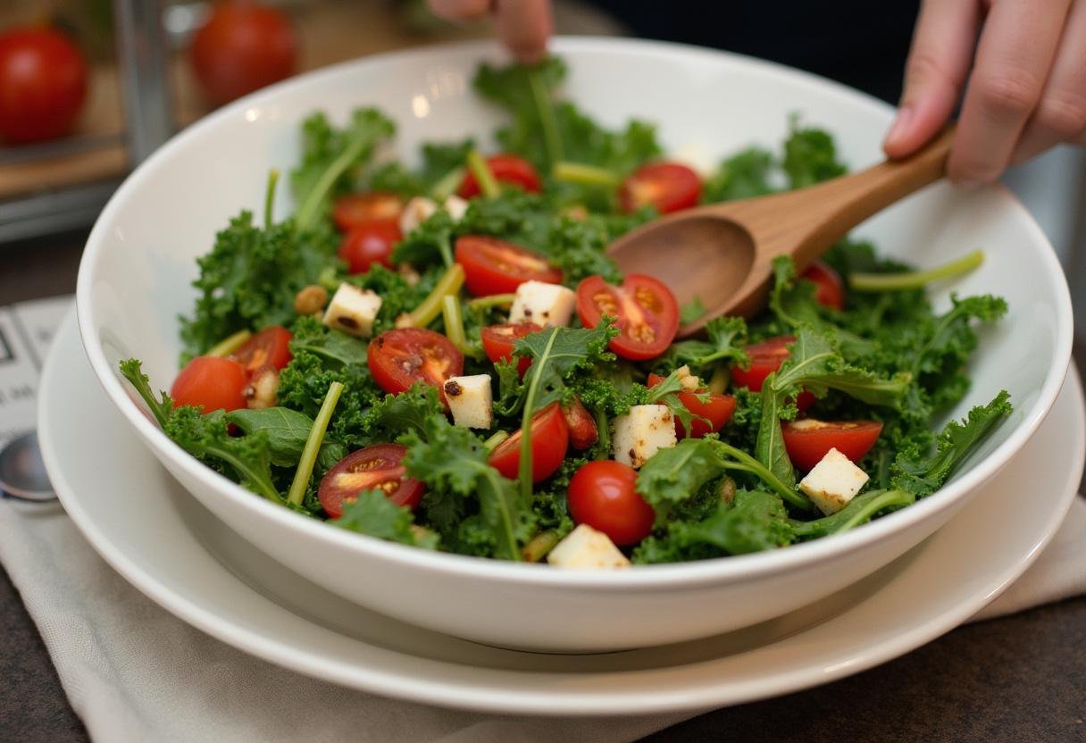 Gemischte Blattsalate werden mit Tomaten und Paprika für einen leichten Salat vorbereitet.