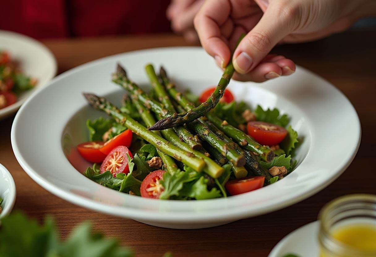 Gegrillter Spargel auf einem gemischten Salat in einer Schüssel angerichtet.
