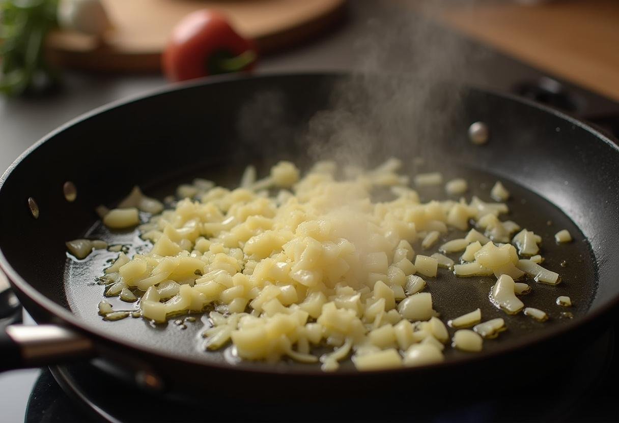 Knoblauch und Zwiebeln in einer Pfanne für Gemüse Reispfanne angebraten.
