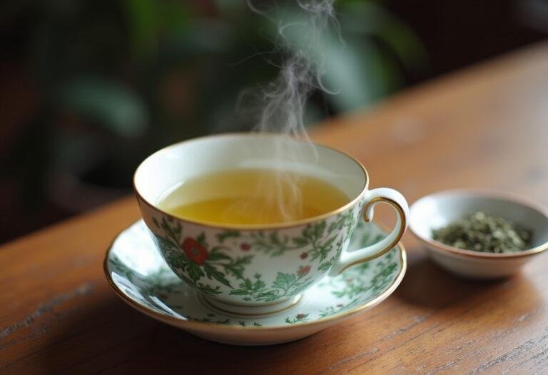 Fertig zubereiteter grüner Tee mit Koffein in einer hübschen Tasse, ideal für die Gesundheitsbewussten.