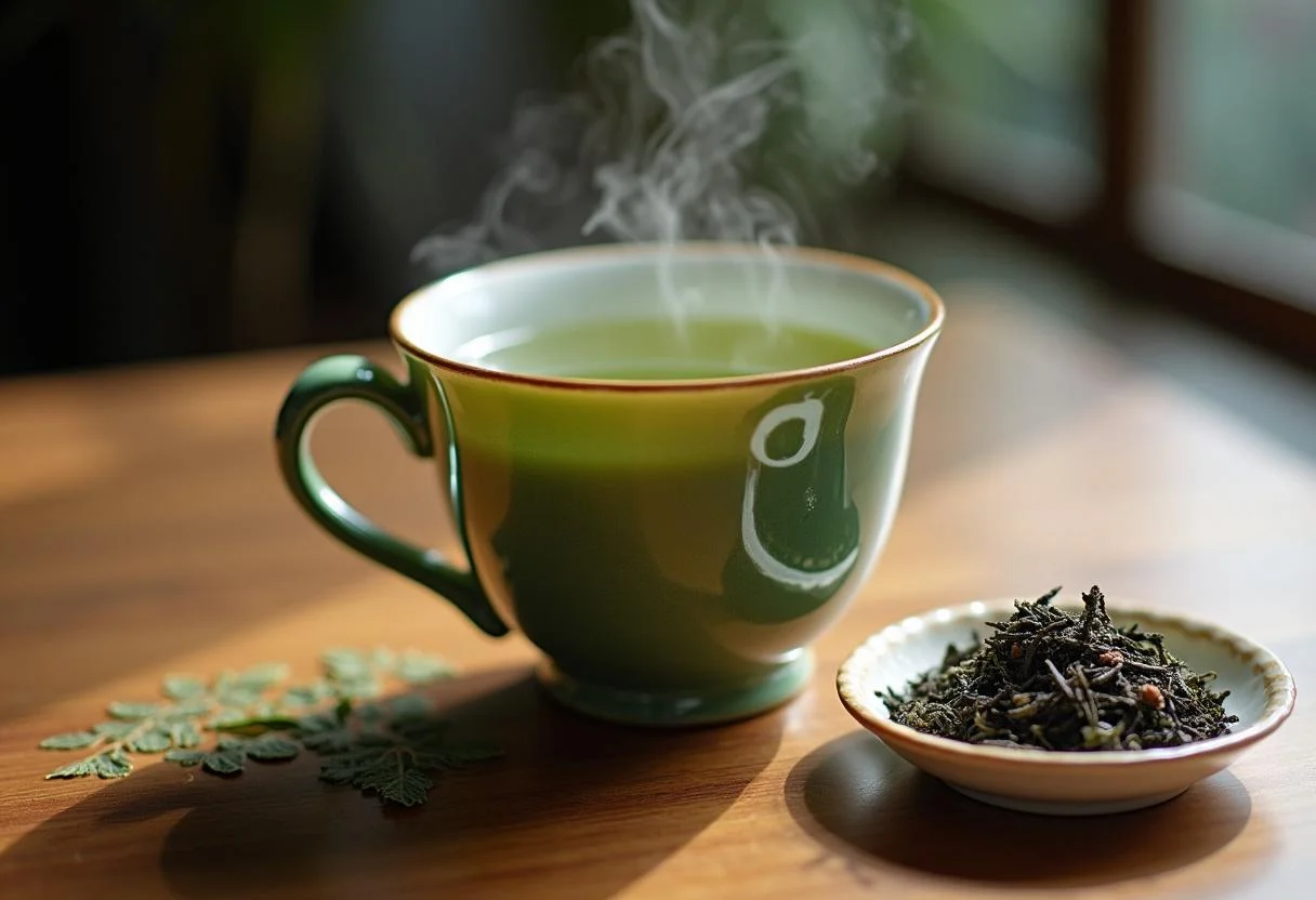 Fertig zubereiteter grüner Tee mit Koffein in einer hübschen Tasse, ideal für die Gesundheitsbewussten.