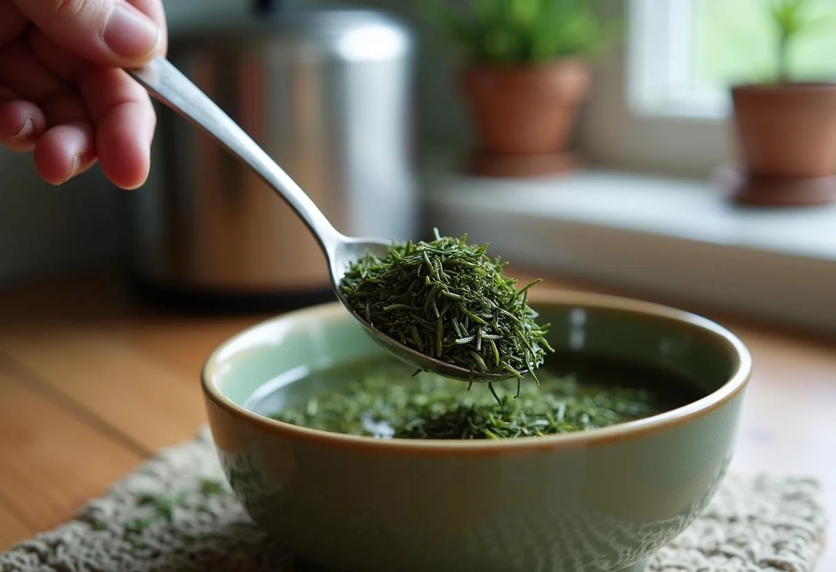 Lose Sencha-Grünteeblätter werden für die Zubereitung des gesunden grünen Tees gemessen.