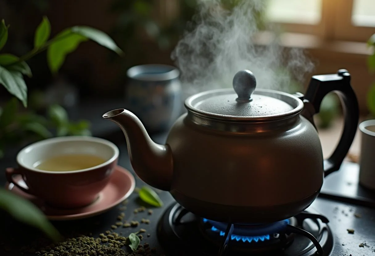Wasserkocher mit kochendem Wasser für die Zubereitung von grünem Tee mit Koffein.