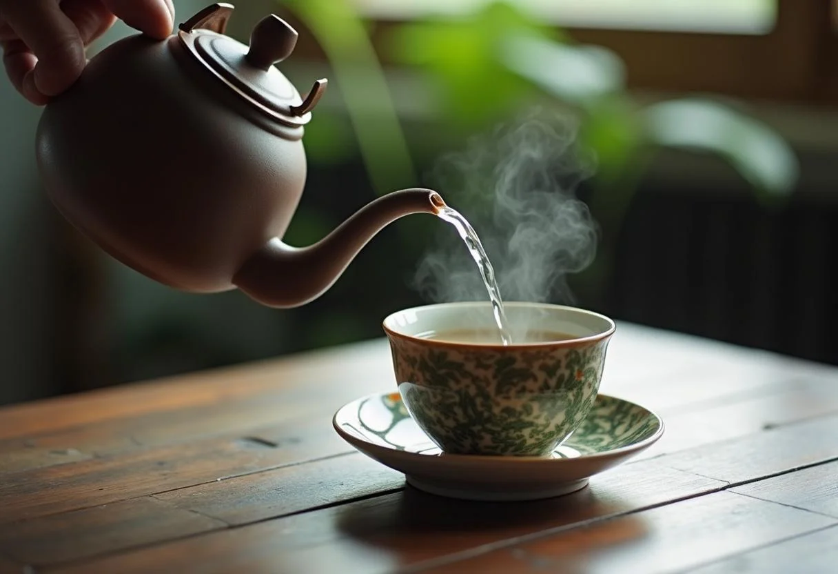 Grüner Tee wird mit heißem Wasser in eine Tasse gegossen, um die Ziehzeit richtig zu nutzen.