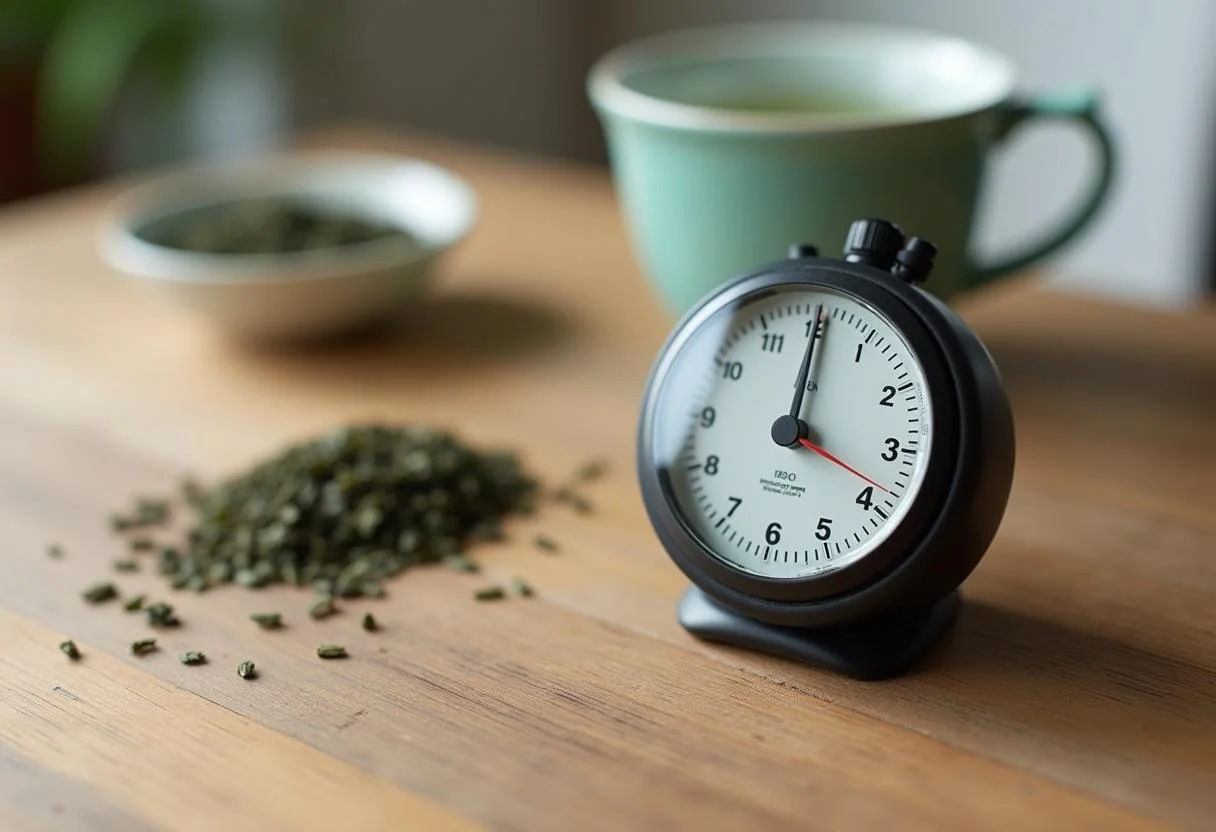 Ein Timer zur optimalen Ziehzeit für grünen Tee mit Koffein steht neben einer Tasse Tee.