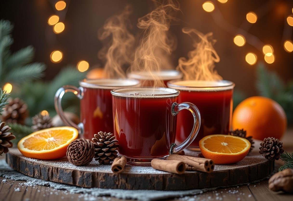 Festive Glühwein served in mugs with winter decorations, perfect for cold days.