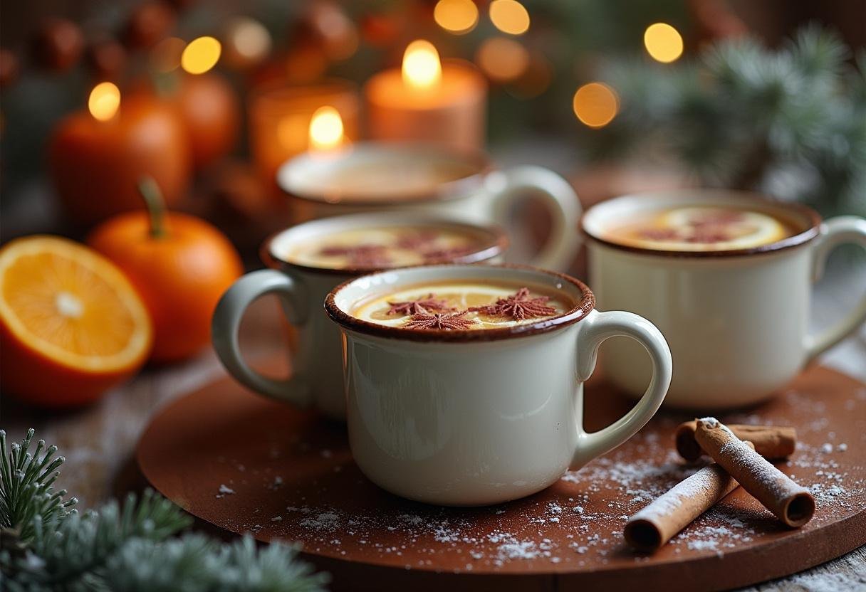 Festive Glühwein served in mugs with winter decorations, perfect for cold days.