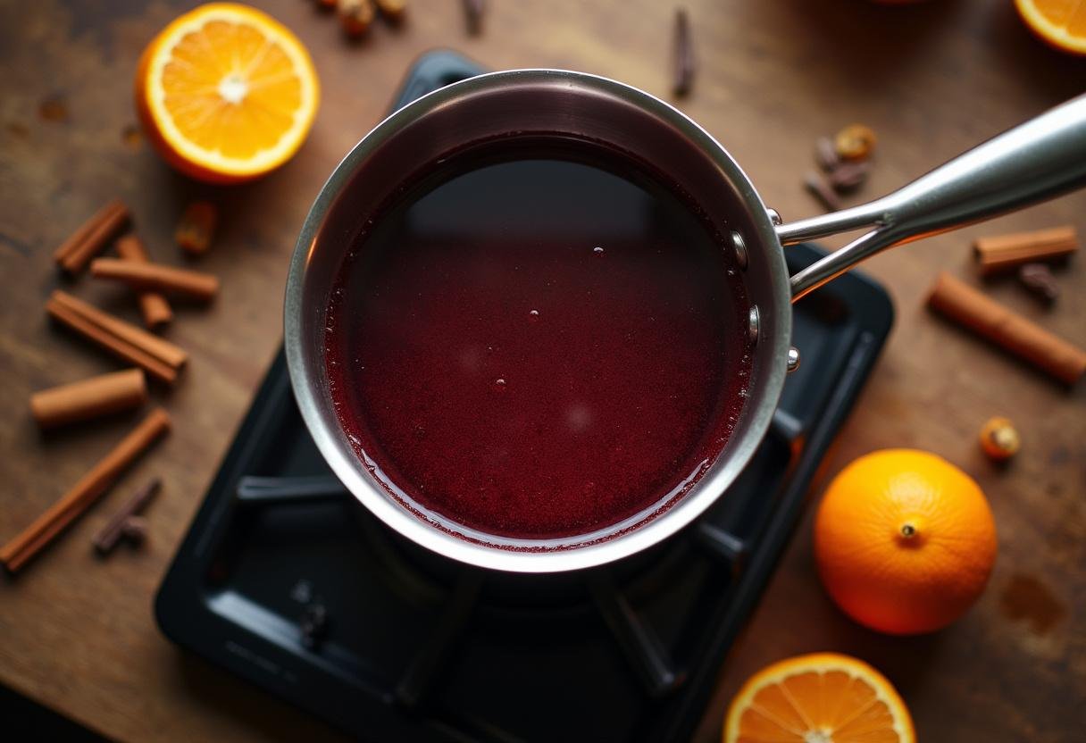 Red wine heating in a saucepan with cinnamon, cloves, and orange slices for Glühwein.