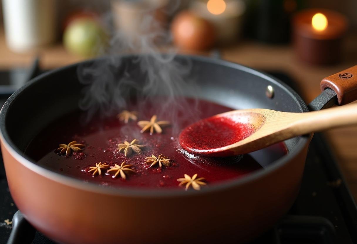 Stirring red wine with spices for homemade Glühwein.