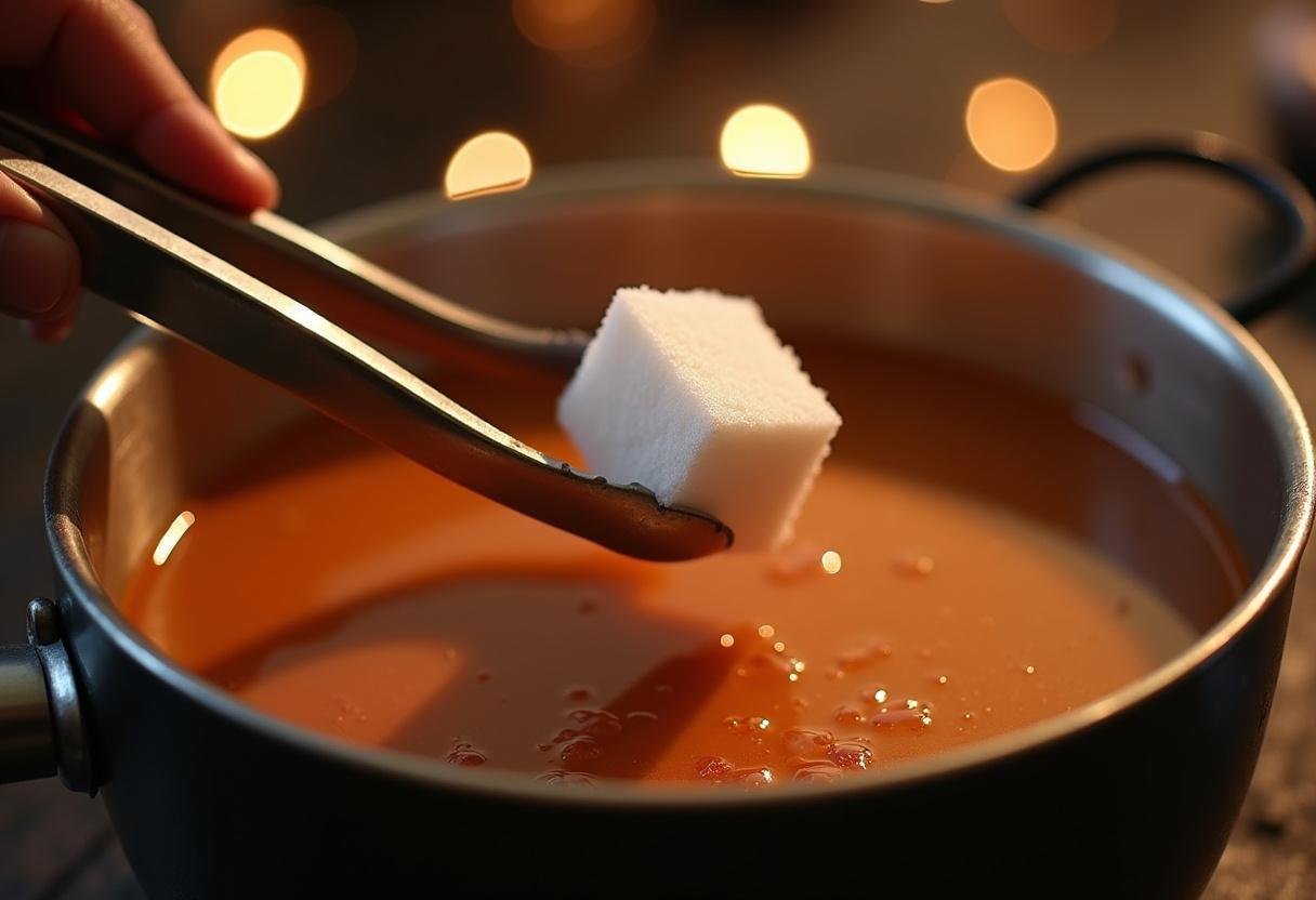 Adding a sugar cube to the simmering Glühwein for sweetness.