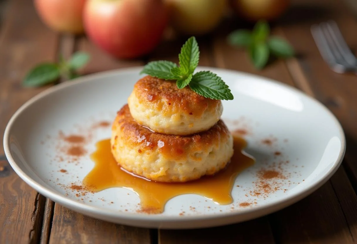 Finished Golden Apfelküchlein beautifully plated with apple cinnamon bliss, ideal for dessert.