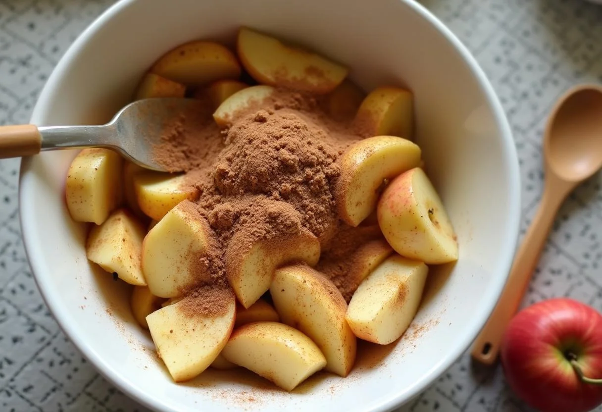 Sliced apples mixed with cinnamon and sugar for Golden Apfelküchlein preparation.