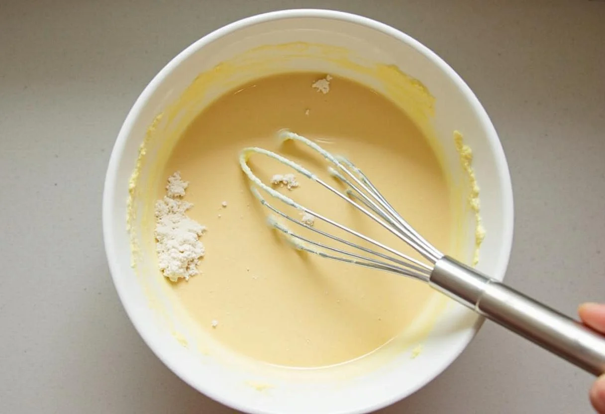 Batter made for Golden Apfelküchlein, mixing flour, sugar, and milk smoothly.