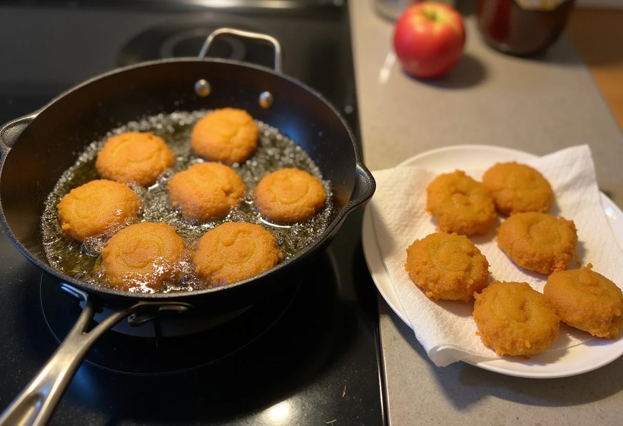 Skillet with hot oil prepared for frying Golden Apfelküchlein in a kitchen setting.