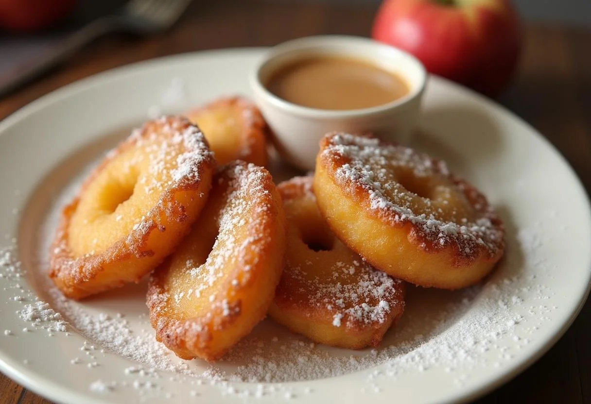 Fried Golden Apfelküchlein ready to be served with apple cinnamon bliss sauce.