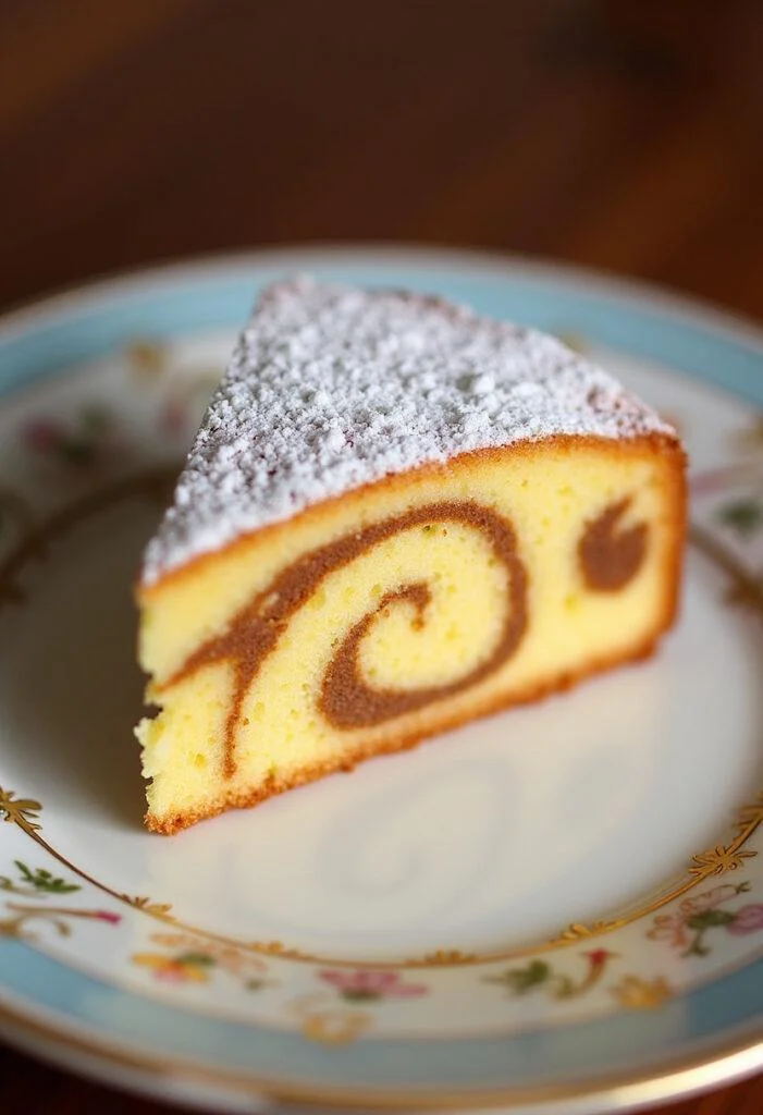 Slice of Golden Marmorkuchen with marble swirl served on a plate, ideal for showcasing its deliciousness.