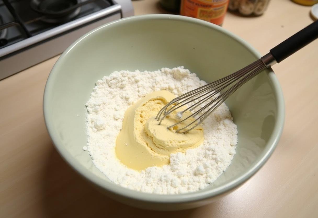 Ingredients for Golden Marmorkuchen including flour, sugar, and baking powder in a mixing bowl.