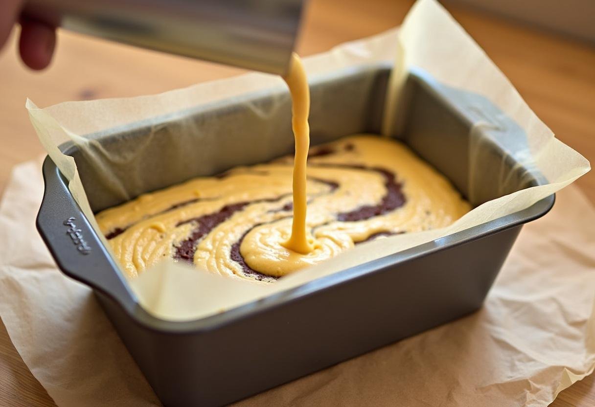 Swirling light and dark batters in a loaf pan for marble effect in Golden Marmorkuchen.
