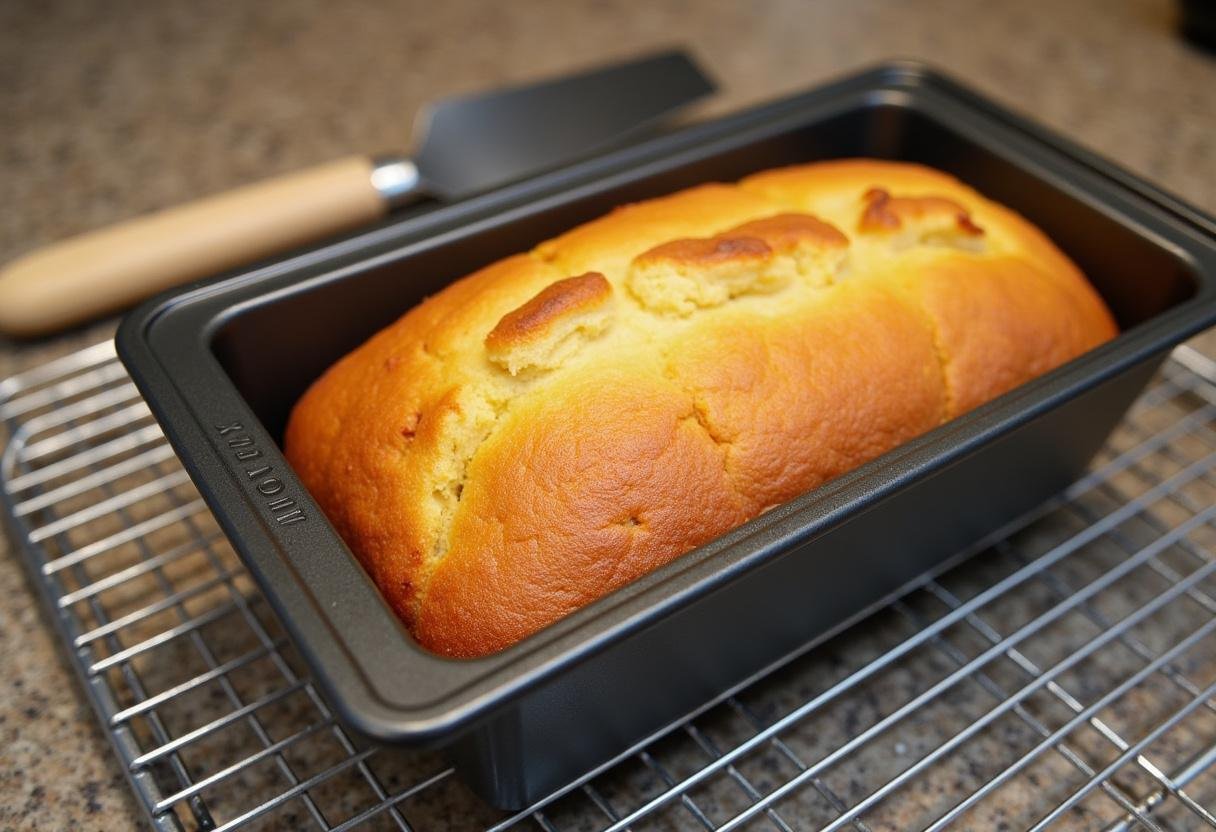 Freshly baked Golden Marmorkuchen being removed from the loaf pan to cool on a rack.