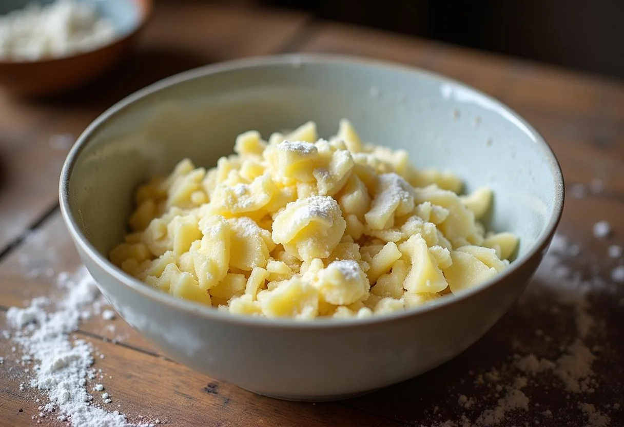 Zubereitung von Schupfnudelteig mit geriebenen Kartoffeln und Mehl in einer Schüssel.