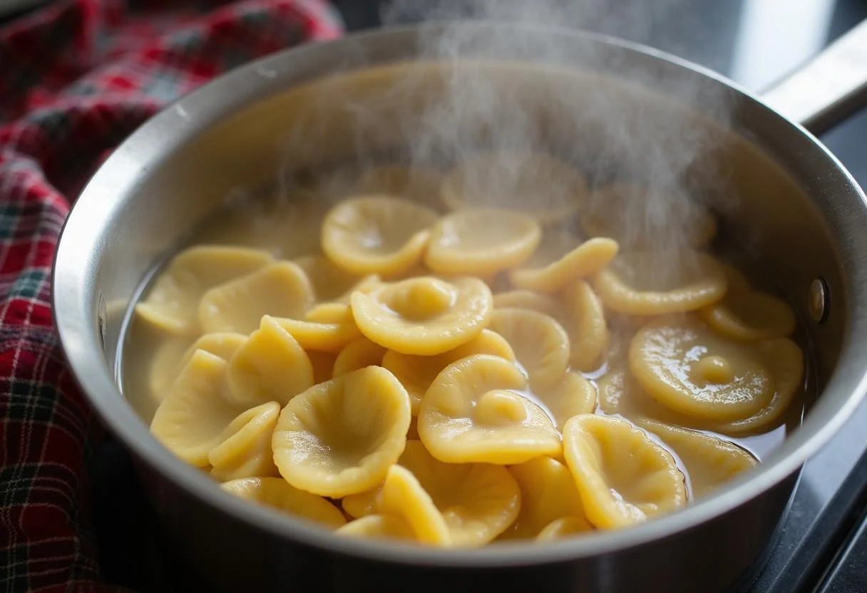 Kochen von Schupfnudeln in kochendem Wasser, ein entscheidender Schritt bei der Herstellung von goldenen Kartoffelknödeln.