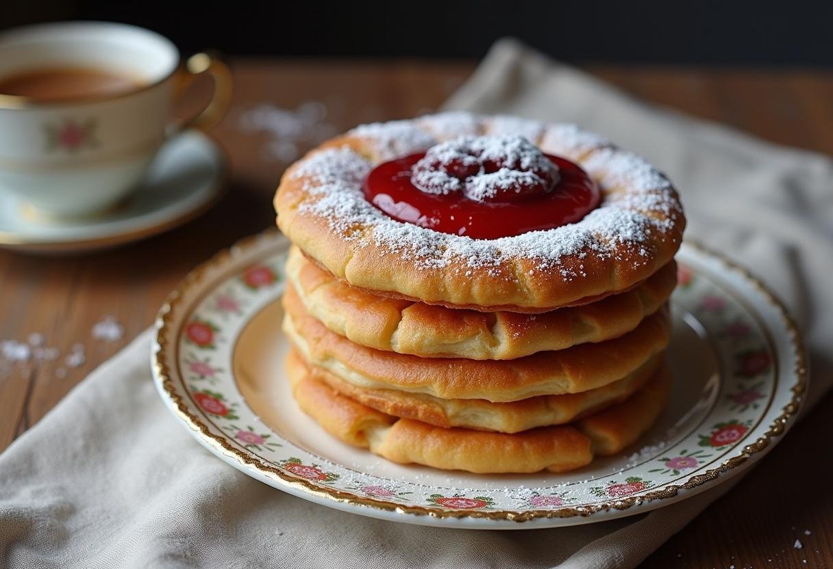 Finished golden gebackene Berliner Pfannkuchen with jam filling, ready to serve.