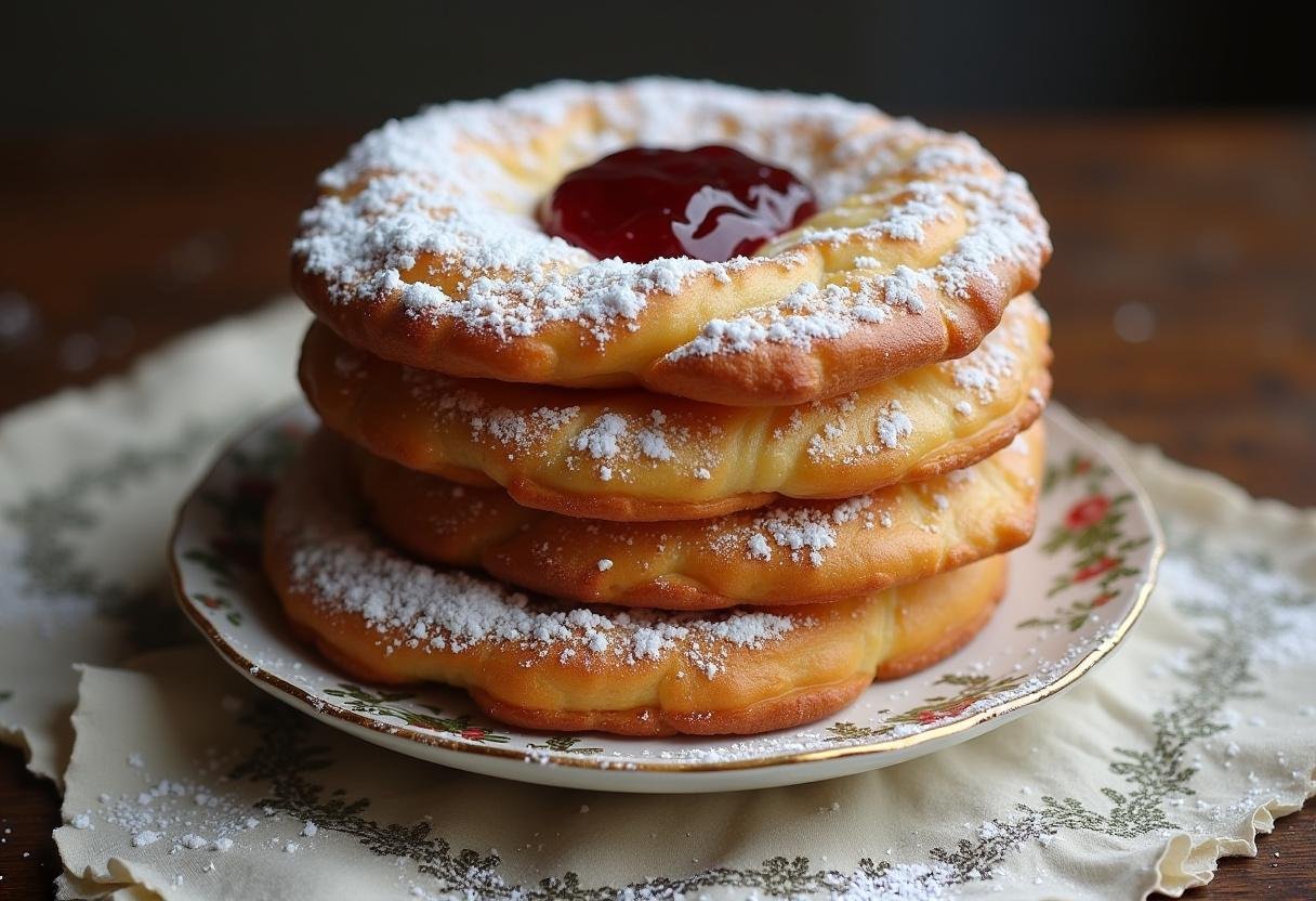 Fertige goldene Berliner Pfannkuchen mit Marmeladenfüllung, servierfertig auf einem Teller arrangiert.