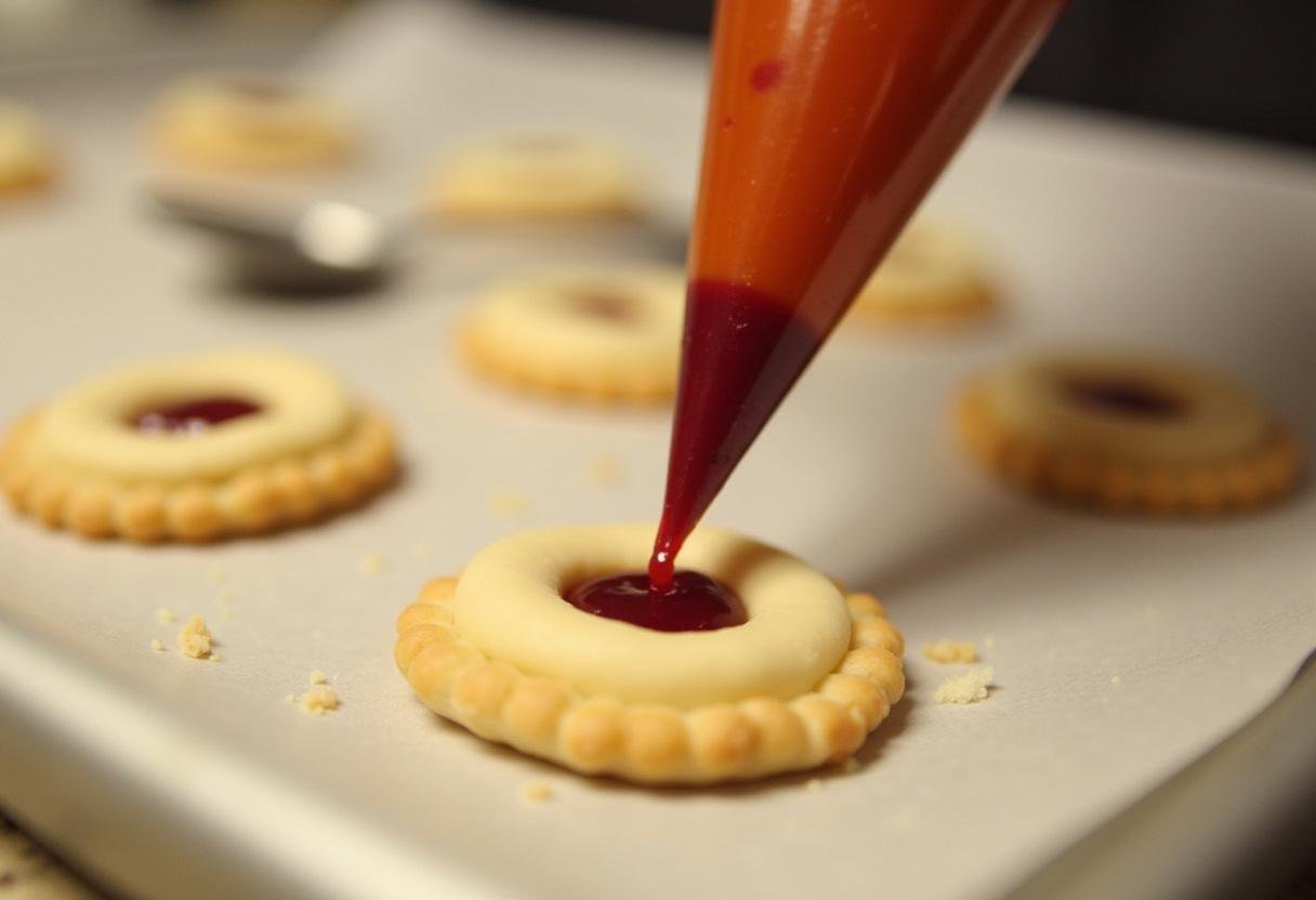 Berliner Pfannkuchen werden mit Marmelade gefüllt, Spritzbeutel im Einsatz.