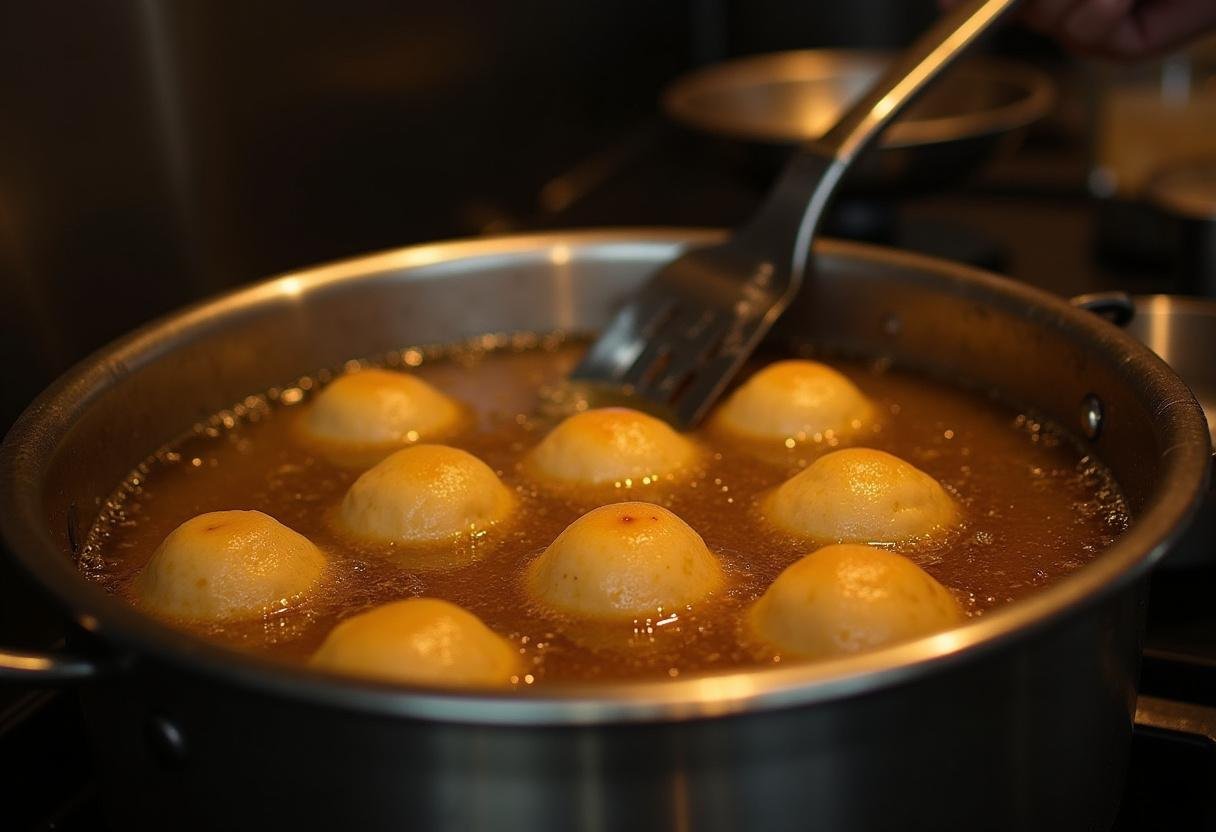 Berliner Pfannkuchen werden in heißem Öl goldbraun frittiert.