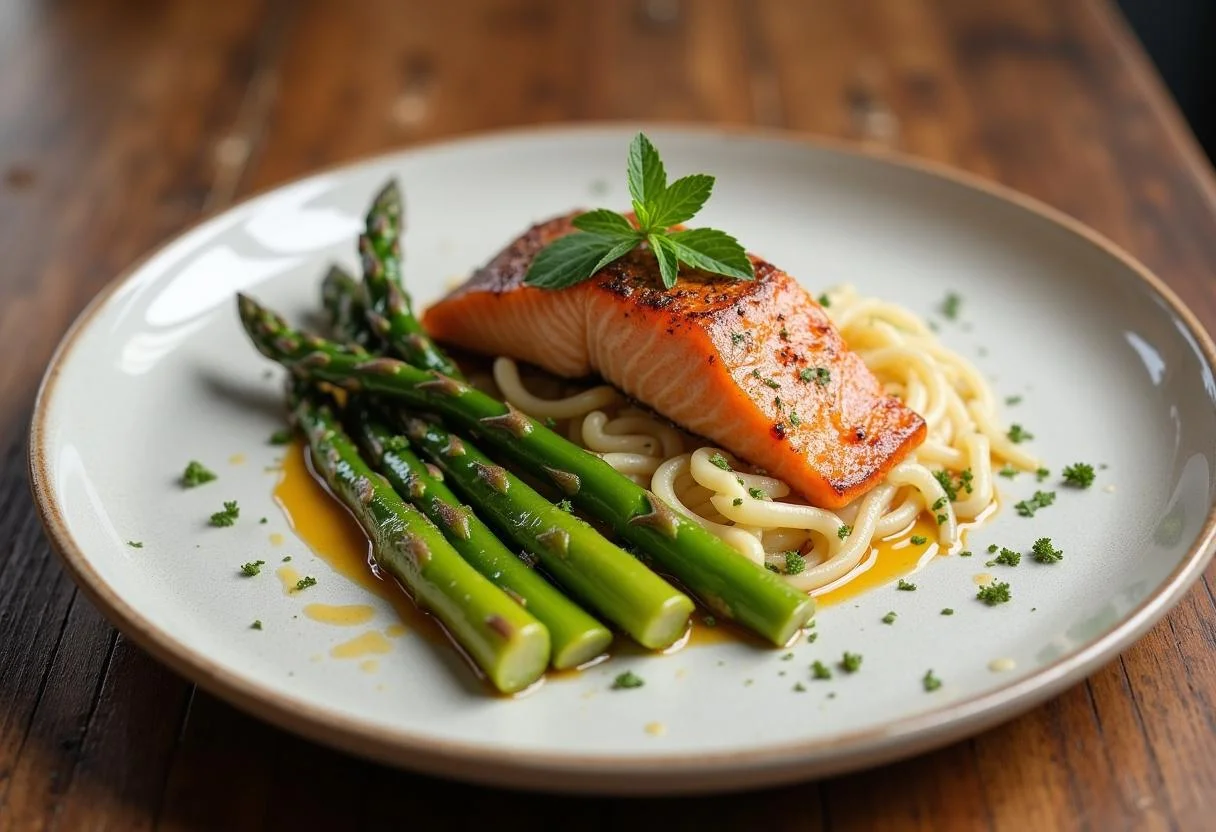 Fertiger grüner Spargel mit Lachs serviert auf einem rustikalen Tisch, ideal für Pasta grüner Spargel.