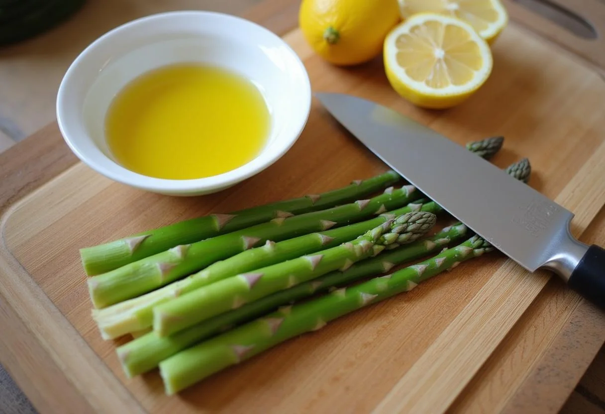 Grüner Spargel, der auf einem Schneidebrett mit Zitrone und Olivenöl für Lachs grüner Spargel zubereitet wird.