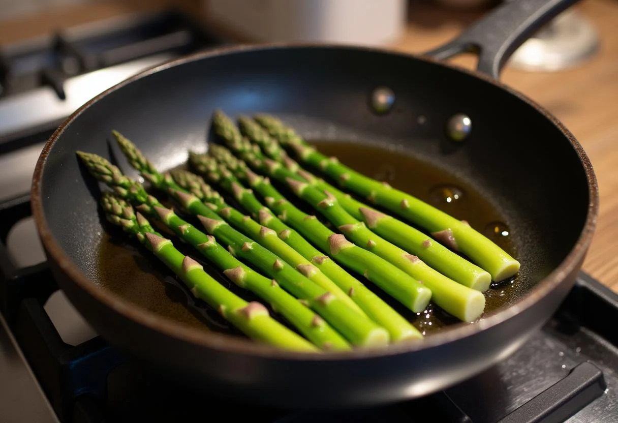 Olivenöl in einer Pfanne, in der grüner Spargel sautiert wird, vorbereitet für das Rezept mit Lachs und Spargel.