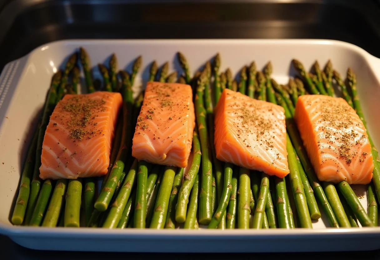 Backform mit grünem Spargel und Lachs, bereit zum Rösten im Ofen für grüner Spargel mit Nudeln.
