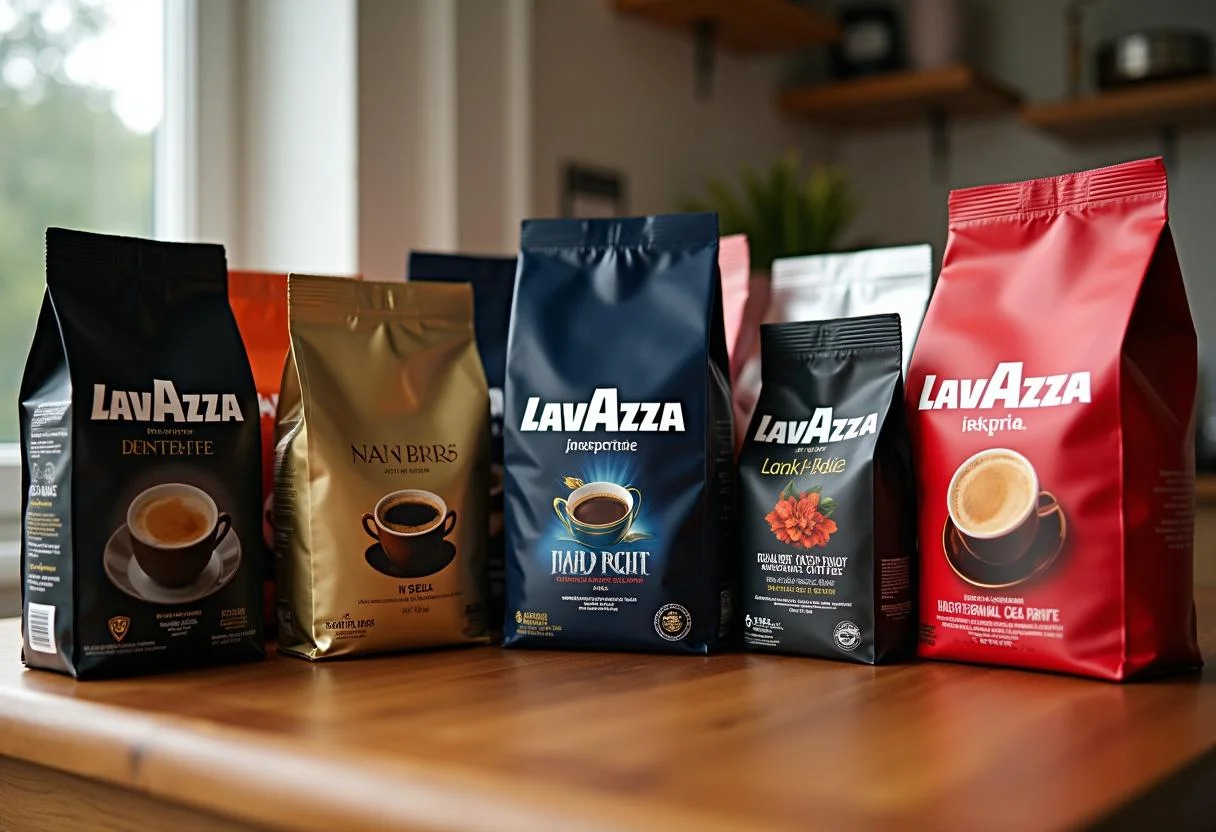 Verschiedene Kaffeesorten im Angebot wie Lavazza und Dallmayr auf einem Küchentisch.