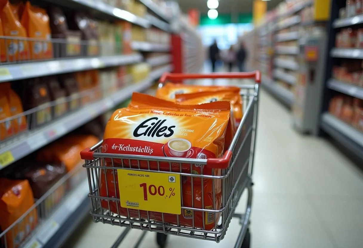 Einkaufswagen voll mit günstigen Kaffee Angeboten von Edeka und Netto.