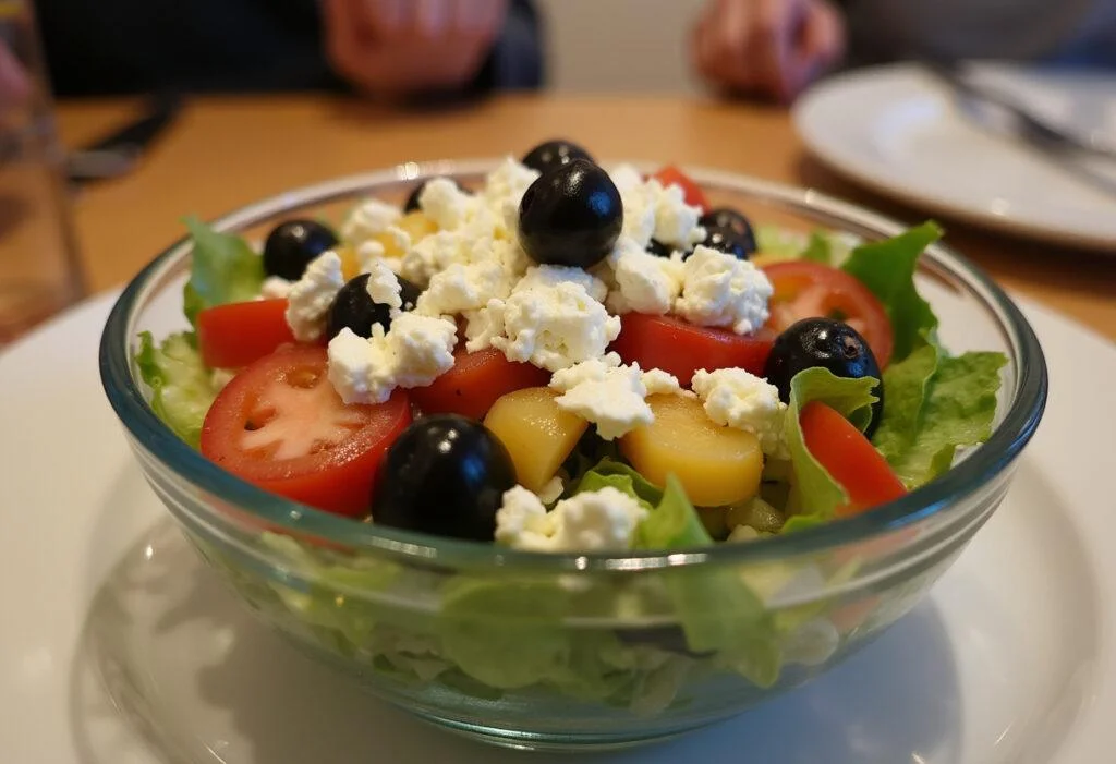 Fertiger Gyros-Schichtsalat mit Feta und Oliven, servierfertig auf dem Tisch.