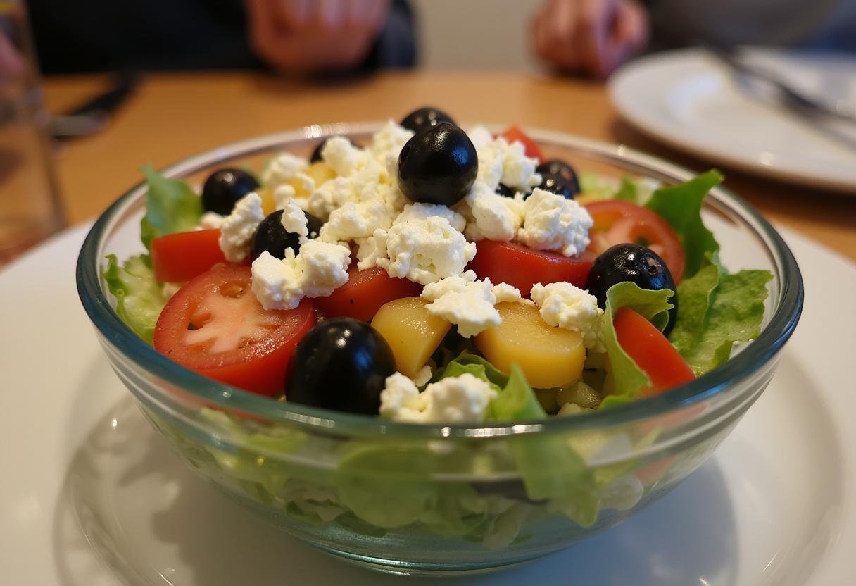 Fertiger Gyros-Schichtsalat mit Feta und Oliven, servierfertig auf dem Tisch.