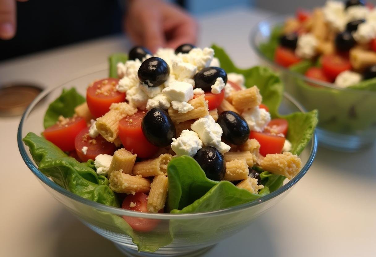 Fertiger Gyros-Schichtsalat mit Feta und Oliven, servierfertig auf dem Tisch.