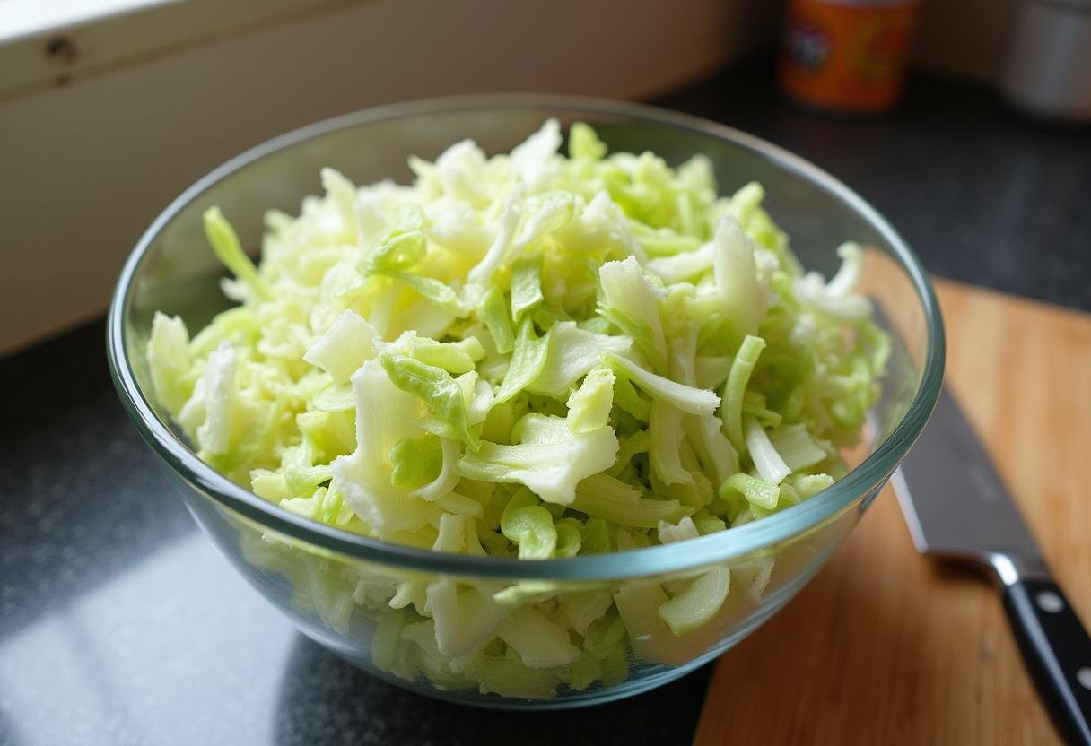 Frischer, gehackter Salat in einer Glasschüssel für Gyros-Schichtsalat.