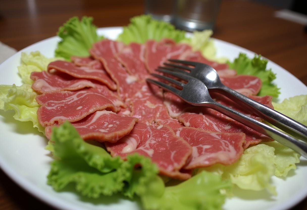 Dünn geschnittenes Gyros-Fleisch wird auf den Salat gelegt für Gyros-Schichtsalat.