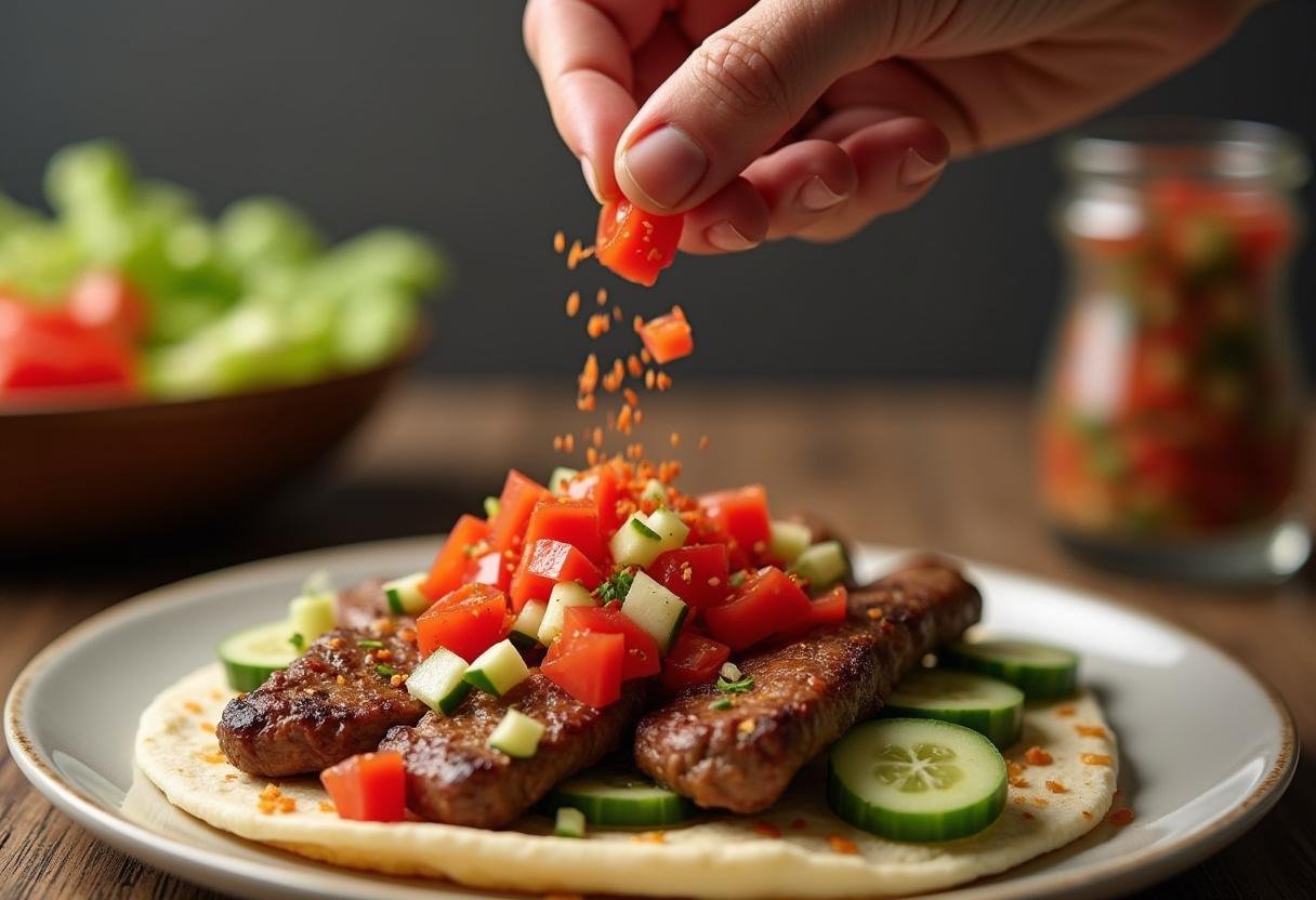 Tomaten und Gurken werden über das Gyros-Fleisch gestreut für Gyros-Schichtsalat.