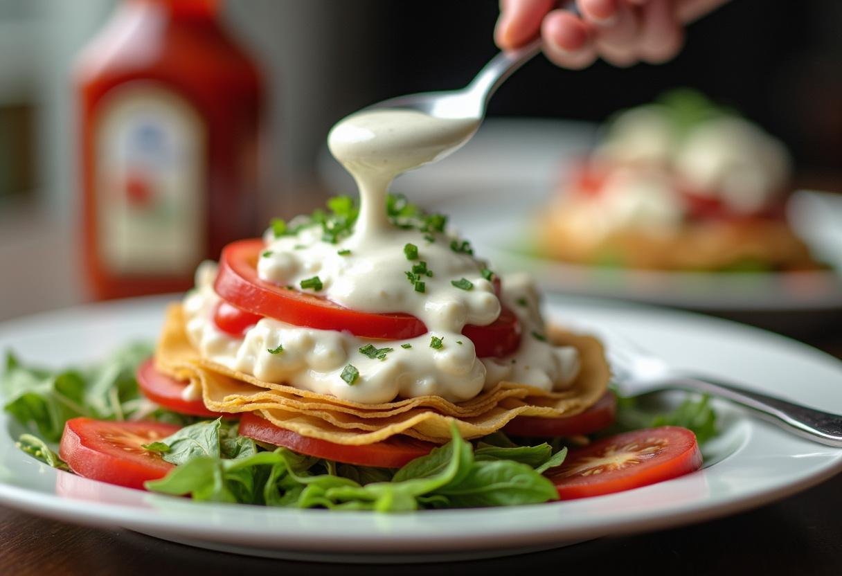 Tzatziki-Sauce wird über den Gyros-Schichtsalat gegossen.