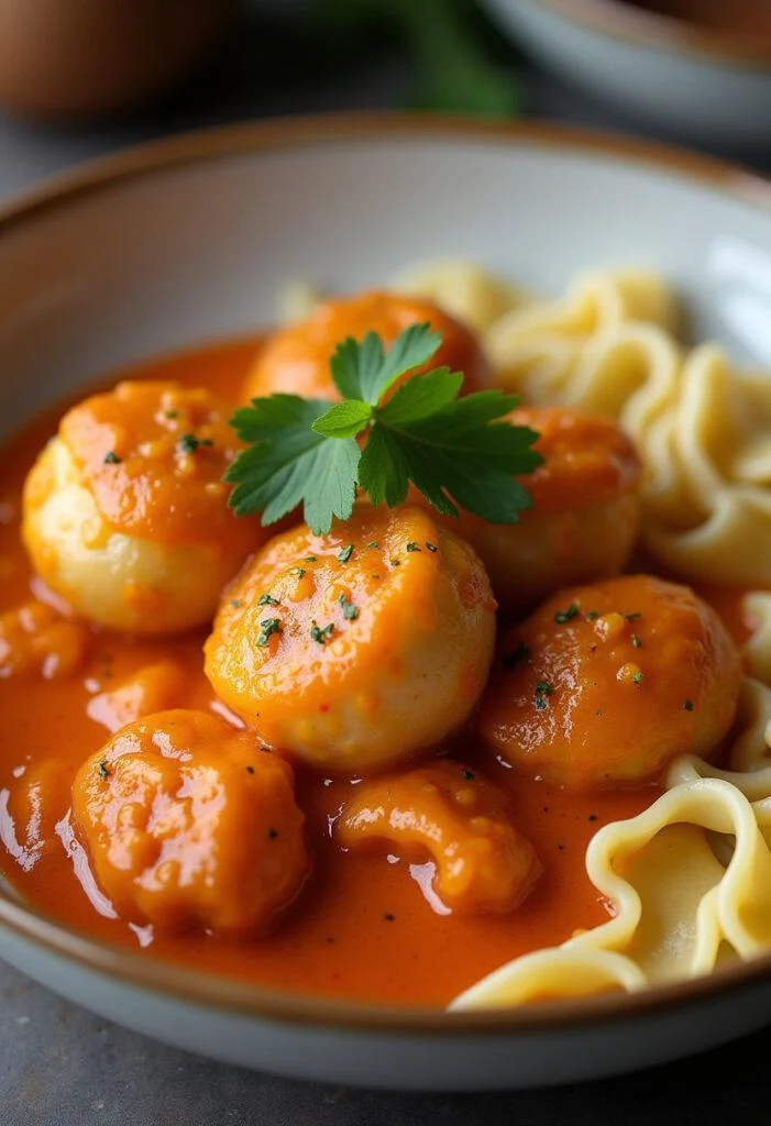 Finished Hackbällchen in creamy paprika sauce, perfect for a comforting meal.