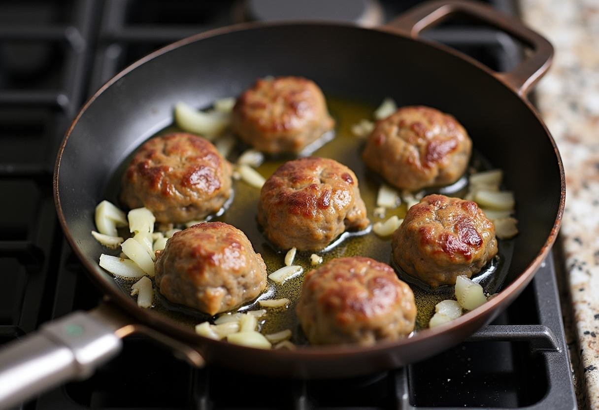 Frying meatballs for Hackbällchen in preparation for the creamy paprika sauce.