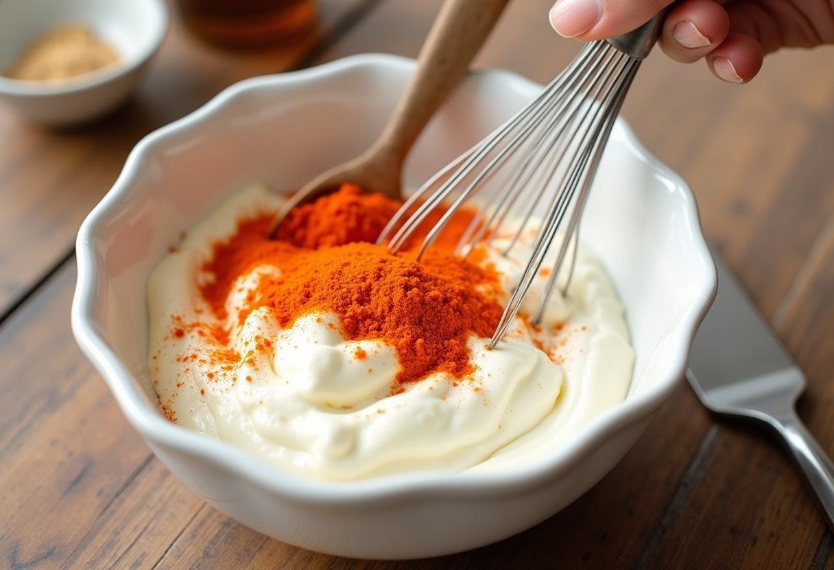 Mixing sour cream and paprika for creamy sauce in Hackbällchen preparation.